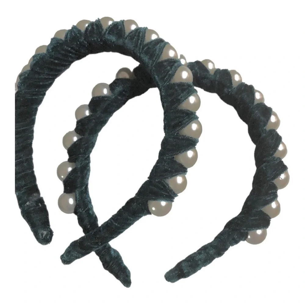 2 pack Green velvet oversized pearl‎ adorned embellished headband new